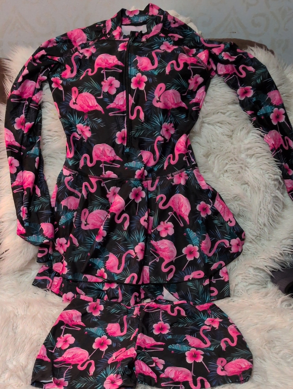 Ladies Luranee Black Swim Set with Pink Flamingo Print. Ruffed Dress & Shorts.